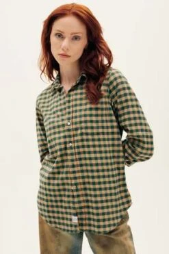 Frank & EileenBarry Tailored Button Up Shirt - Camel/Green Check