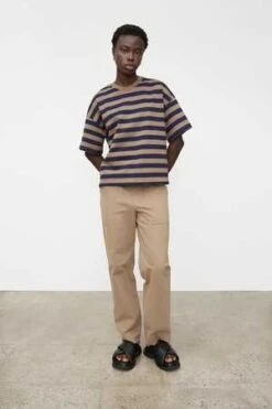 KowtowOversized Boxy Tee - Navy/Taupe Stripe
