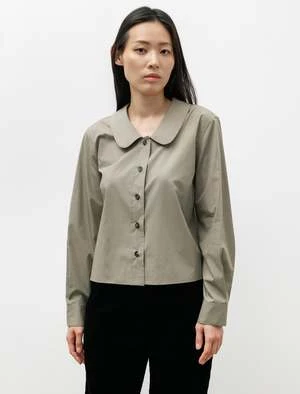 Margaret HowellPiece Dye Cotton Round Collar Shirt - Sage 1 Margaret HowellPiece Dye Cotton Round Collar Shirt - Sage