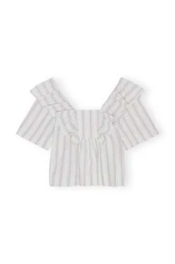 GanniStripe Seersucker Ruffle Blouse - Mauve/Chalk -ANINE BING || ULLA JOHNSON || AGOLDE Shop Stripe Seersucker Ruffle Blouse Mauve Chalk 20230614000901 1