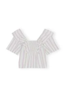 GanniStripe Seersucker Ruffle Blouse - Mauve/Chalk -ANINE BING || ULLA JOHNSON || AGOLDE Shop Stripe Seersucker Ruffle Blouse Mauve Chalk 20230614000901 2